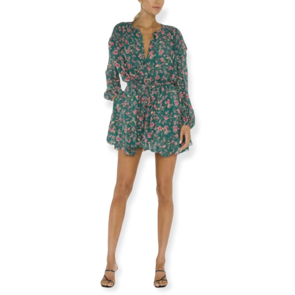 Free People Flower Fields Emerald Combo Button Up Mini Dress Pockets Long Sleeve